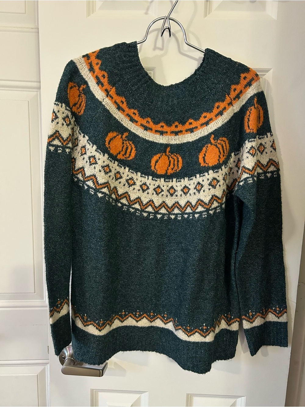 Maurices Dark Green Crewneck Sweater with Orange Pumpkin Fair Isle